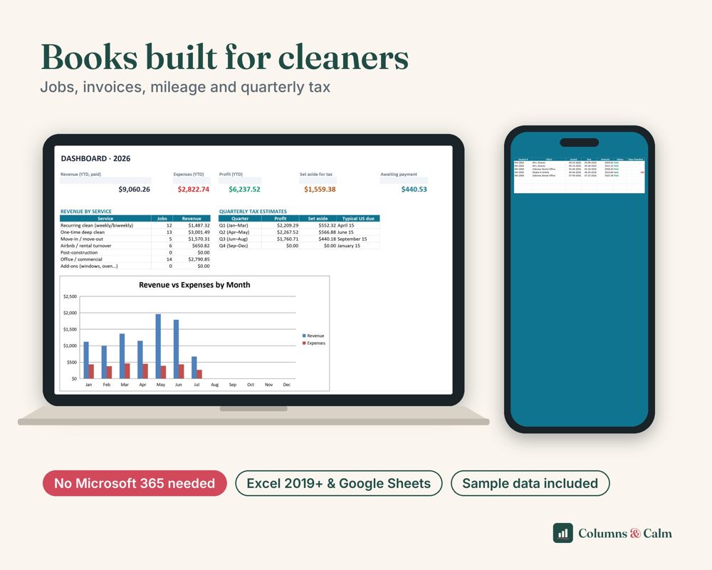 Cleaning Business Bookkeeping: Books built for cleaners — spreadsheet shown on a laptop and a phone