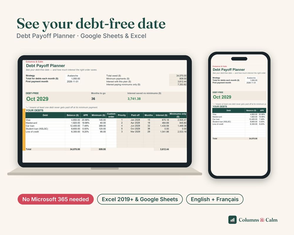 Debt Payoff Planner: See your debt-free date — spreadsheet shown on a laptop and a phone