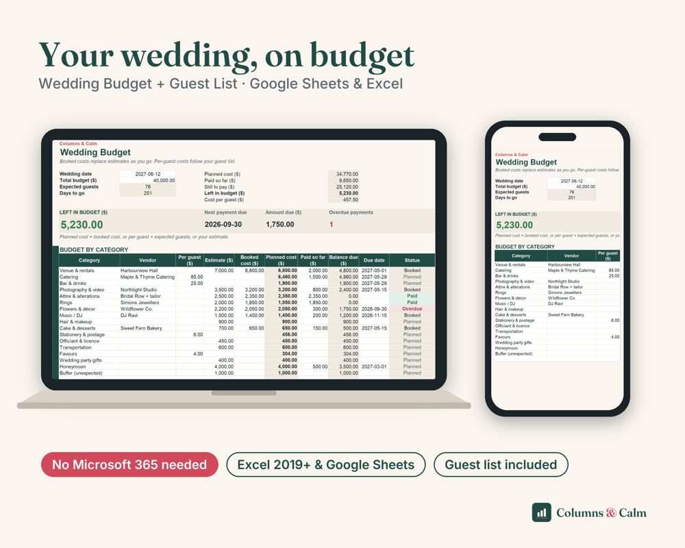 Wedding Budget: Your wedding, on budget — spreadsheet shown on a laptop and a phone